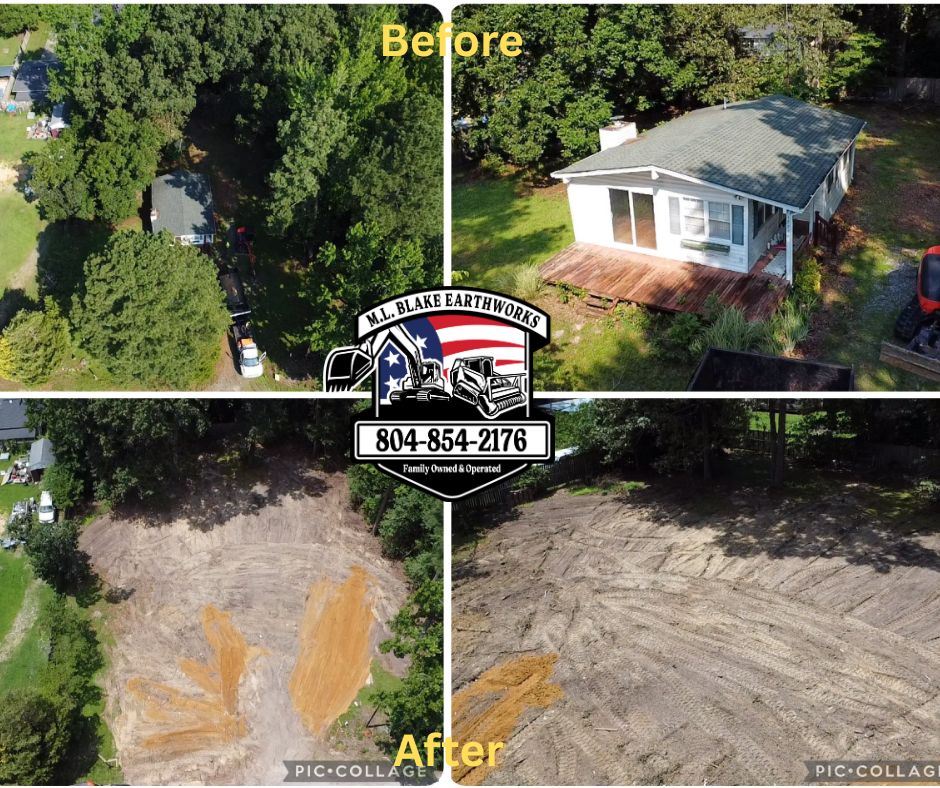 Before and after comparison photos of a home demolition in Gloucester VA