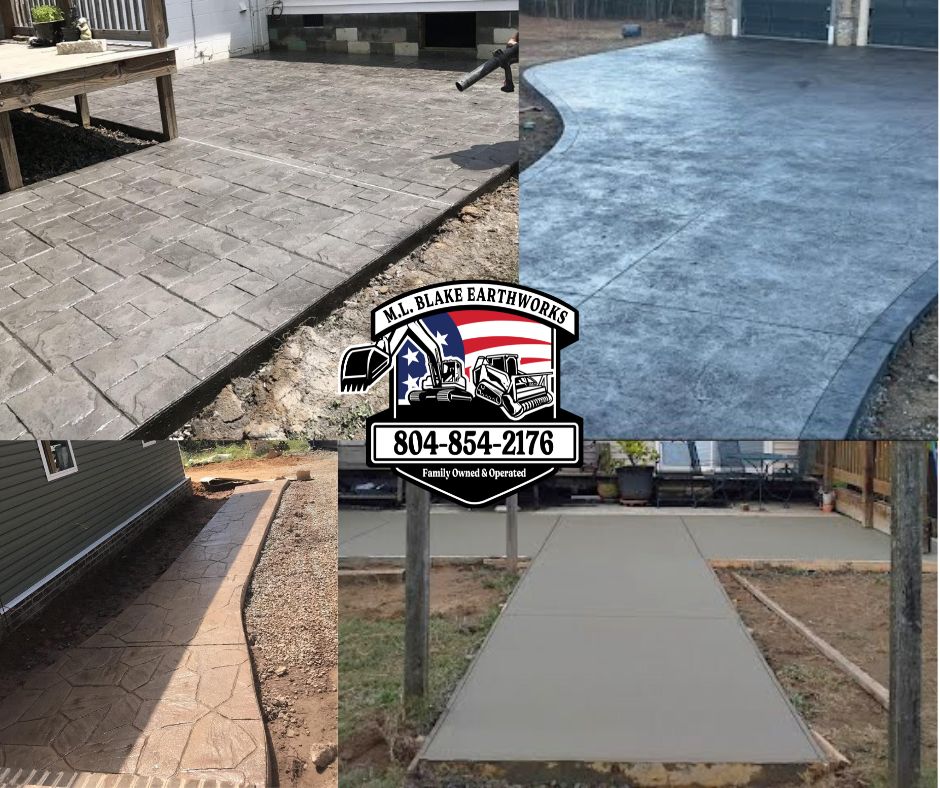 collage of different concrete jobs done by ML Blake Earthworks in Virginia